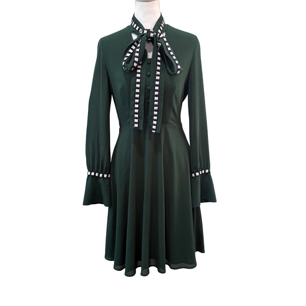 Abbey Glass Dress Women XS Green Front Tie Long Sleeve A-Line Feminine Career